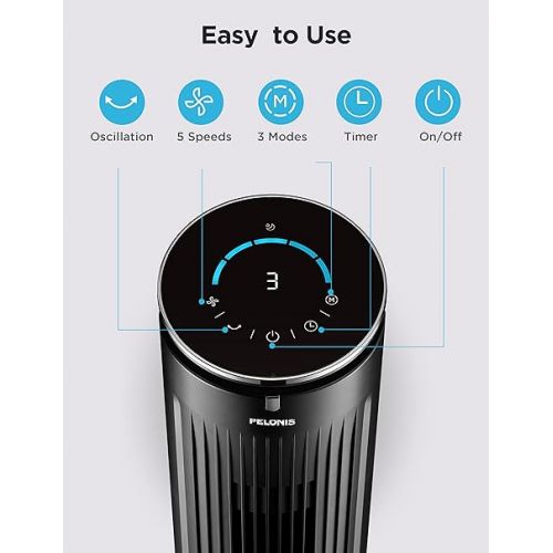  PELONIS 42’’ Oscillating Tower Fan with Aromatherapy Diffuser, Remote Control, 5 Speed Settings with 3 Modes LED Display for Bedroom Home Office Use, Black