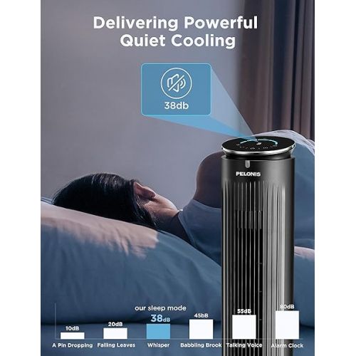  PELONIS 42’’ Oscillating Tower Fan with Aromatherapy Diffuser, Remote Control, 5 Speed Settings with 3 Modes LED Display for Bedroom Home Office Use, Black