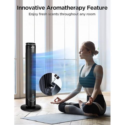  PELONIS 42’’ Oscillating Tower Fan with Aromatherapy Diffuser, Remote Control, 5 Speed Settings with 3 Modes LED Display for Bedroom Home Office Use, Black