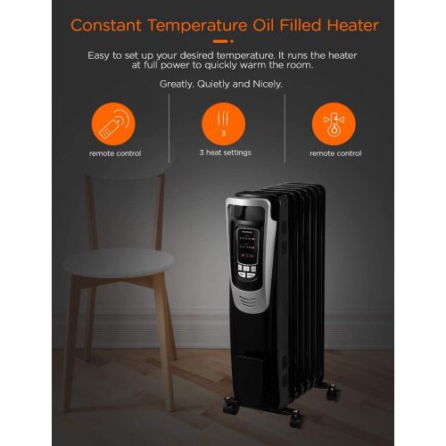  [아마존베스트]PELONIS Electric, 1500W Portable Oil-Filled Radiator Space Heater with Programmable Thermostat, Remote Control, and 10-Hour Timer for Home&Office, NY1507-14A, Black, 25.59 H x 9.84