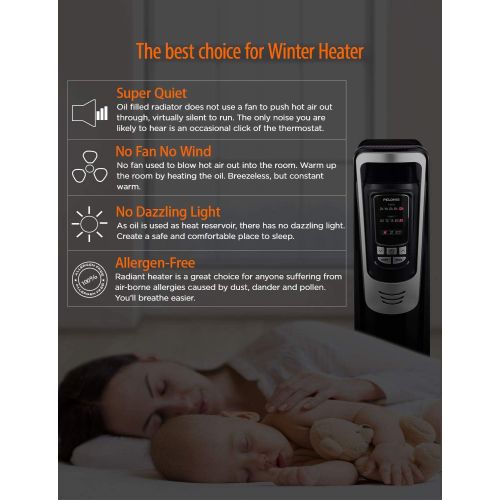  [아마존베스트]PELONIS Electric, 1500W Portable Oil-Filled Radiator Space Heater with Programmable Thermostat, Remote Control, and 10-Hour Timer for Home&Office, NY1507-14A, Black, 25.59 H x 9.84