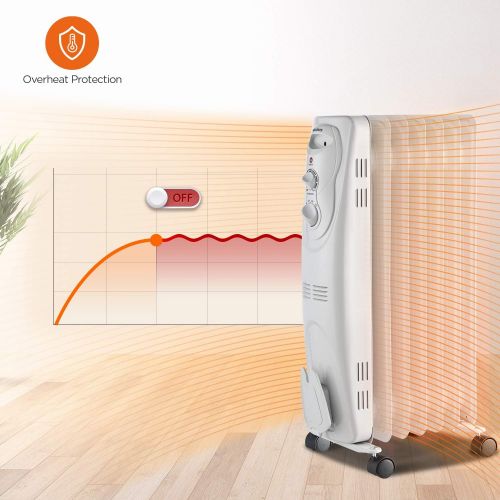  [아마존베스트]PELONIS PHO15A2AGW, Basic Electric Oil Filled Radiator, 1500W Portable Full Room Radiant Space Heater with Adjustable Thermostat, White