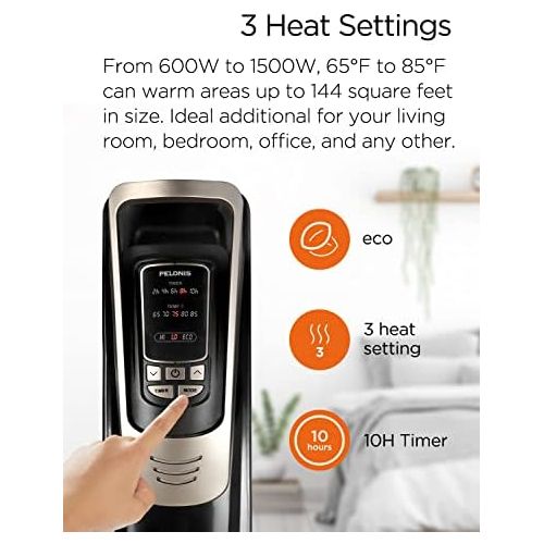  PELONIS Oil Filled Radiator Heater Luxurious Champagne Portable Space Heater with Programmable Thermostat, 10H Timer, Remote Control, Tip Over&Overheating Functions, Quiet Heater f