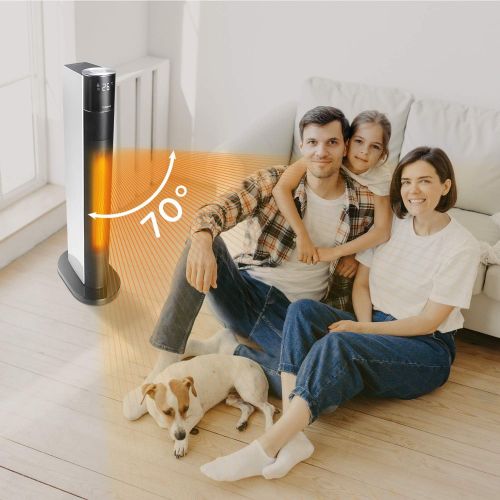  PELONIS Ceramic Space Heater, 1500W Indoor Tower Heater and Fan Setting with 70 Degree Oscillation, Remote Control, Programmable Thermostat & 24H Timer, Tip-Over Switch & Overheati
