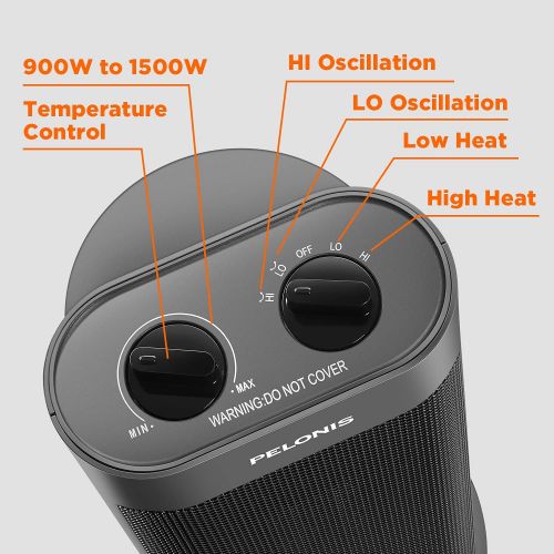  PELONIS PTH15A2BGB 1500W Fast Heating Space Heater, Programmable Thermostat, Easy Control, Widespread Oscillation, Over Heating & Tip-over Switch Protection, 7.72 x 7.72 x 17.76 In