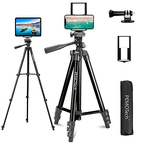  Tripod for iPhone & iPad, PEMOTech 50 Extendable Aluminum Phone Tripod Stand with Gopro Adapter, Universal Phone/Tablet Holder, Remote Shutter, Lightweight Travel Tripod for Smartp