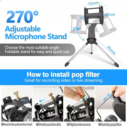  [아마존베스트]Studio Recording Microphone,PEMOTech 3.5mm Phone Computer Microphone,Condenser Broadcast Recording Microphone for Podcast with Stand,Plug & Play PC Microphone for Singing Gaming Li