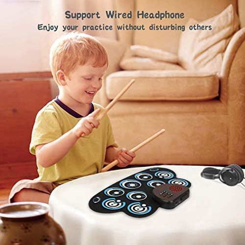  [아마존베스트]PENGDA Electronic Drum Set Kids Foldable Practice Drum Pad Rechargeable Drum Kit, Built in Speakers Foot Pedals,Drum Sticks, Birthday Gift for Beginners (Blue)