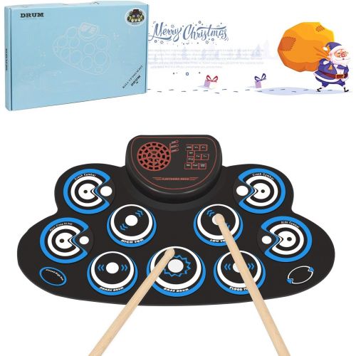  [아마존베스트]PENGDA Electronic Drum Set Kids Foldable Practice Drum Pad Rechargeable Drum Kit, Built in Speakers Foot Pedals,Drum Sticks, Birthday Gift for Beginners (Blue)