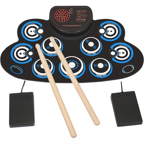  [아마존베스트]PENGDA Electronic Drum Set Kids Foldable Practice Drum Pad Rechargeable Drum Kit, Built in Speakers Foot Pedals,Drum Sticks, Birthday Gift for Beginners (Blue)