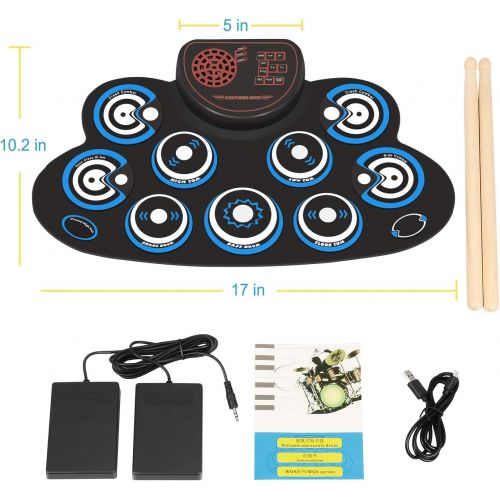  [아마존베스트]PENGDA Electronic Drum Set Kids Foldable Practice Drum Pad Rechargeable Drum Kit, Built in Speakers Foot Pedals,Drum Sticks, Birthday Gift for Beginners (Blue)