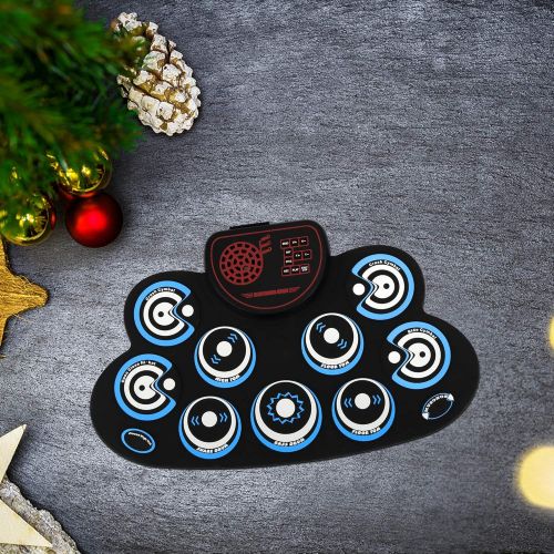  [아마존베스트]PENGDA Electronic Drum Set Kids Foldable Practice Drum Pad Rechargeable Drum Kit, Built in Speakers Foot Pedals,Drum Sticks, Birthday Gift for Beginners (Blue)