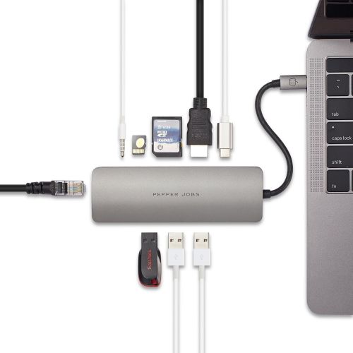  PEPPER JOBS Pepper Jobs USB C Hub 9 in 1 USB C Adapter w4K HDMI, 3 USB 3.0, SDMicro SD Card Reader, USB-C Charging, 3.5mm Audio and Gigabit Ethernet for MacBook Pro 13” 15” 2017, MacBook 12”