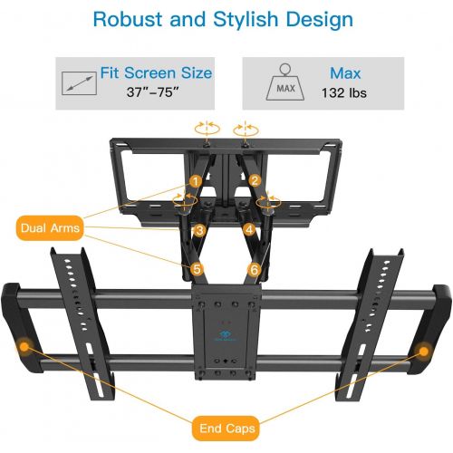  [아마존 핫딜] PERLESMITH Full Motion TV Wall Mount - Dual 6 Arms Articulating TV Mount for 37-70 Inch LED, LCD, Plasma TVs up to 132lbs VESA 600x400, Features Smooth Articulation, Swivel, Tilt -