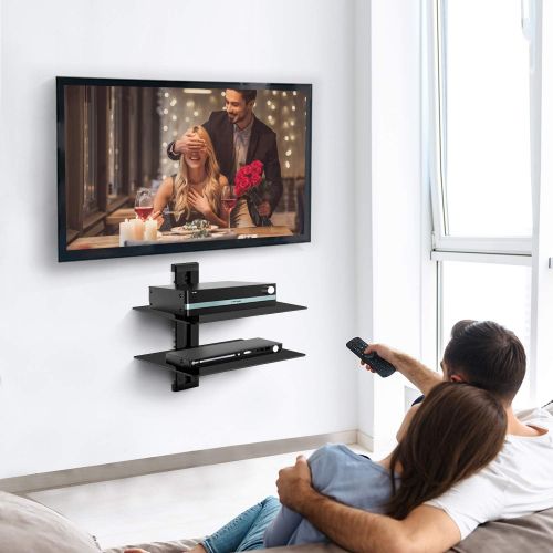  [아마존 핫딜] PERLESMITH Floating Wall Mounted Shelf Double AV Shelf with Strengthened Tempered Glasses for DVD Players,Cable Boxes, Games Consoles, TV Accessories - Holds up to 22 lbs