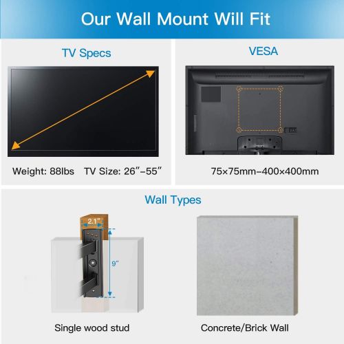  [아마존베스트]PERLESMITH TV Wall Mount for Most 26-55 Inch TVs with Swivel & Extend 18.5 Inch - Wall Mount TV Bracket VESA 400x400 Fits LED, LCD, OLED Flat Screen TVs up to 88 lbs - with HDMI Ca