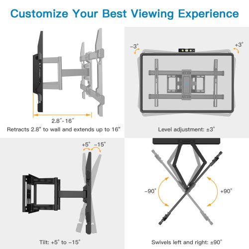  PERLESMITH Full Motion TV Wall Mount Bracket Dual Articulating Arms Bear up to 132lbs for Most 37-70 inch TV with Tilt, Swivel, Rotation fit LED, LCD, OLED, Plasma Flat Screen TV,