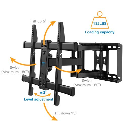  PERLESMITH TV Wall Mount Bracket Full Motion Dual Articulating Arm for Most 37-70 Inch LED, LCD, OLED, Flat Screen, Plasma TVs up to 132lbs VESA 600×400 with Tilt, Swivel and Rotat