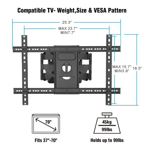  PERLESMITH Corner TV Wall Mount Bracket Tilts, Swivels, Extends - Full Motion Articulating TV Mount for 37-70 Inch LED, LCD, Plasma Flat Screen TVs - Holds up to 99 Lbs, VESA 600x400 - Heavy