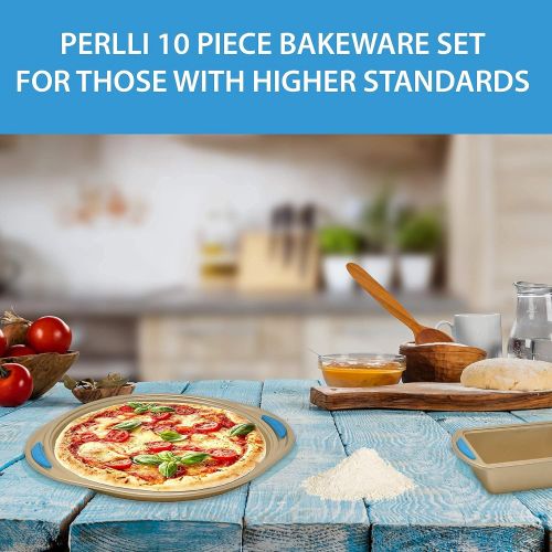  PERLLI Nonstick Bakeware Set Baking Pan Set, 10 Piece Heavy Duty Professional Kitchen Baking Pans Cookie Sheet Set Home Chef Cooking Baking Set, Gold Baking Pans with Blue Silicone