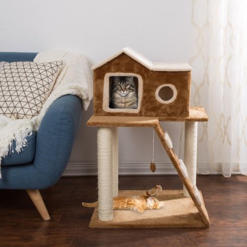  3 Tier Cat Tree- Plush Multilevel Cat Tower with Scratching Posts, Climbing Ladder, Cat Condo and Hanging Toy for Cats and Kittens By PETMAKER (34.5A”)