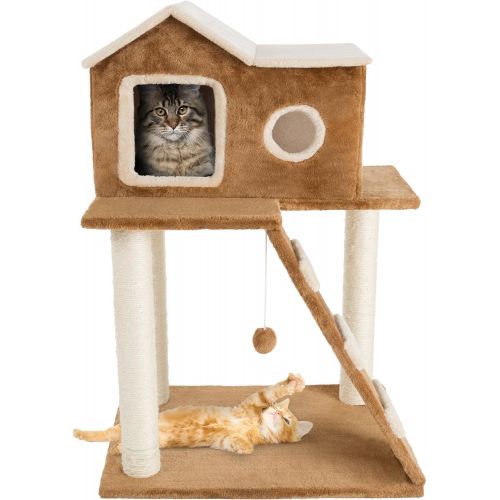  3 Tier Cat Tree- Plush Multilevel Cat Tower with Scratching Posts, Climbing Ladder, Cat Condo and Hanging Toy for Cats and Kittens By PETMAKER (34.5A”)