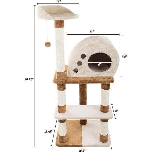  4 Tier Cat Tree- Plush Multi-Level Cat Tower with Sisal Scratching Posts, Perch, Cat Condo and Hanging Toy for Cats and Kittens By PETMAKER (47.5”)