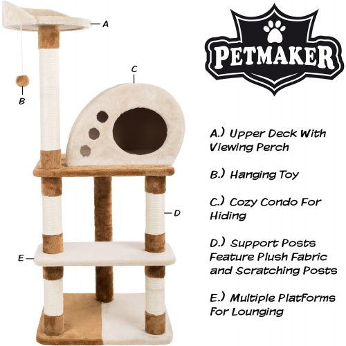  4 Tier Cat Tree- Plush Multi-Level Cat Tower with Sisal Scratching Posts, Perch, Cat Condo and Hanging Toy for Cats and Kittens By PETMAKER (47.5”)