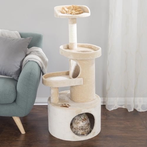  PETMAKER Cat Tree Condo with Tunnel 4 Tier with Scratching Post, 43, Tan