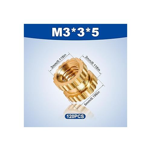  120pcs 3D Printing Threaded Insert, M3x3x5mm M3 Femeal Knurled Brass Nuts Internal Thread Heat Embedment Nut for 3D Printer Parts Plastic Shell