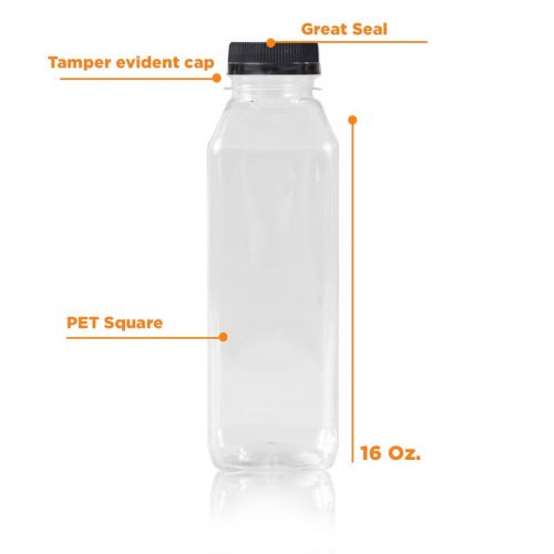 PEXALE 16 Oz Clear Plastic Juice/Dressing PET Square Container Bottles w/ Black Tamper Evident Caps by Pexale(TM)- (Pack of 10) (10)