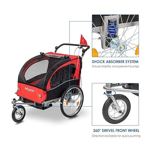  PEXMOR 2-in-1 Bike Trailer for Kids 2 Seat,Child Bicycle Trailer Bike Stroller w/Safety Harnesses & Shock Absorber,Pull Behind Baby Bike Trailer Carrier w/Universal Hitch & 360 Swivel Wheel