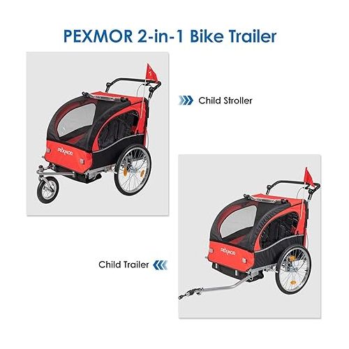  PEXMOR 2-in-1 Bike Trailer for Kids 2 Seat,Child Bicycle Trailer Bike Stroller w/Safety Harnesses & Shock Absorber,Pull Behind Baby Bike Trailer Carrier w/Universal Hitch & 360 Swivel Wheel