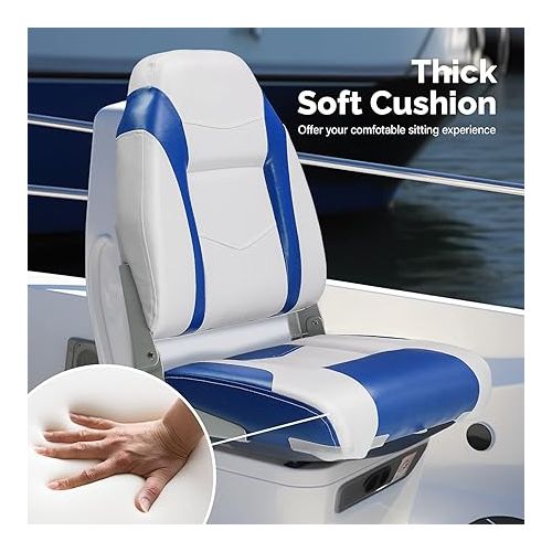  PEXMOR Boat Seats Low/High Back, Folding Boat Seats 2 Pack Stainless Steel Screws Included, Fold-Down Fishing Boat Seats Waterproof Captain Boat Seat w/Aluminum Hinges & Thick Soft Cushion, 2 Packs