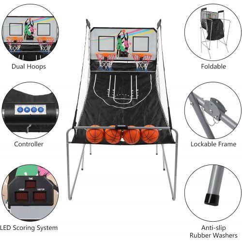  [아마존베스트]PEXMOR Foldable Basketball Arcade Game w/ 4 Balls, Dual Shot, 8 Game Options, Indoor Electronic Basketball Game for Kids, Adults