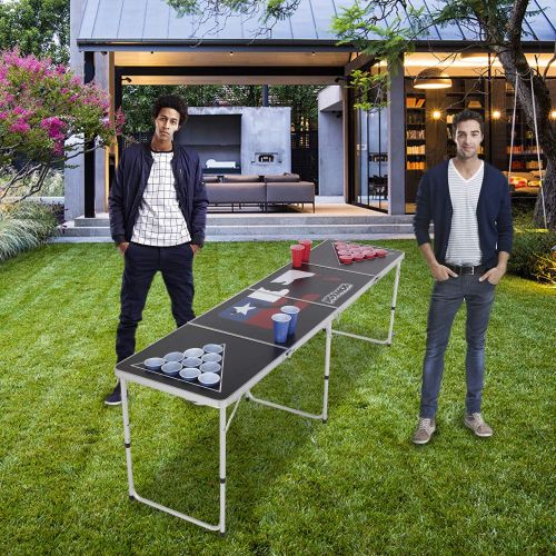  PEXMOR 8 FT Folding Beer Pong Table with Cup Holes & Safety Lock, Portable Beer Game Table Height Adjustable Lightweight with 24 Cups & Ping-Pongs,Upgraded Stability Pong Game Tabl