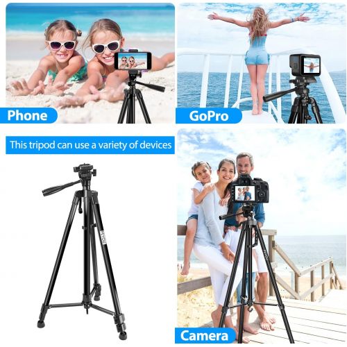  PEYOU 63 Camera Phone Tripod, Aluminum Extendable Tripod with Remote, Travel Tripod with Cell Phone Holder, 1/4” Mounting Screw for Mirrorless/Gopro/DSLR Camera, Carry Bag, Max Loa