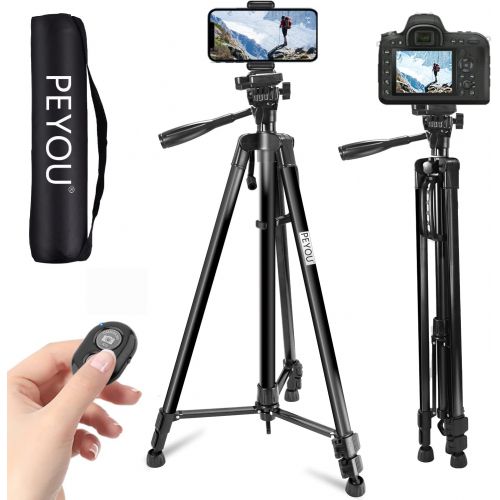  PEYOU 63 Camera Phone Tripod, Aluminum Extendable Tripod with Remote, Travel Tripod with Cell Phone Holder, 1/4” Mounting Screw for Mirrorless/Gopro/DSLR Camera, Carry Bag, Max Loa