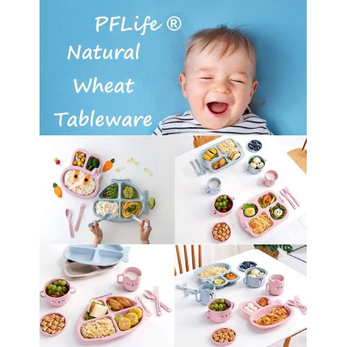  PFLife Wheat Straw 5Pcs Dinnerware Set, Kids Tableware Set Eco-Friendly Children Toddler Dishes Divided Feeding Plates with Bib