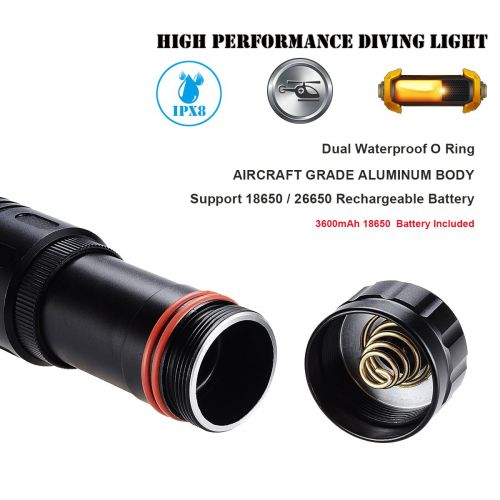  PFSN professioner Professional Diving Light, PFSN DF1200 Rechargeable Dive Flashlight IPX68 Rated Underwater 80m Waterproof Super Bright LED Torch (Stepless Dimming) Best for Scuba Diving Snorkeling