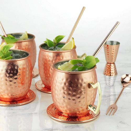  [아마존베스트]PG Moscow Mule/Cocktail Bar Set, 15-pc Copper/Rose Gold Color, High Grade SS, w/4x Moscow Mule Mugs, 4x Straws w/cleaner, 4x REAL STAINLESS Coasters, 1x Double-Jigger 1x Double-hea