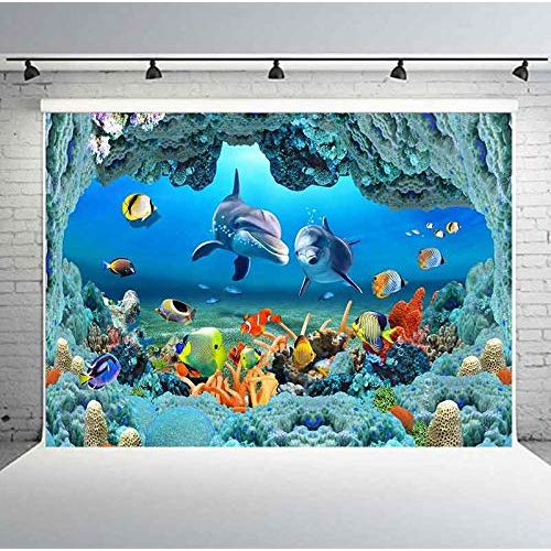  PHMOJEN Underwater World Backdrop Coral Dolphins Fishes Background for Photography Kids Theme Birthday Party Decoration Banner Studio Props 10x7ft GYPH307