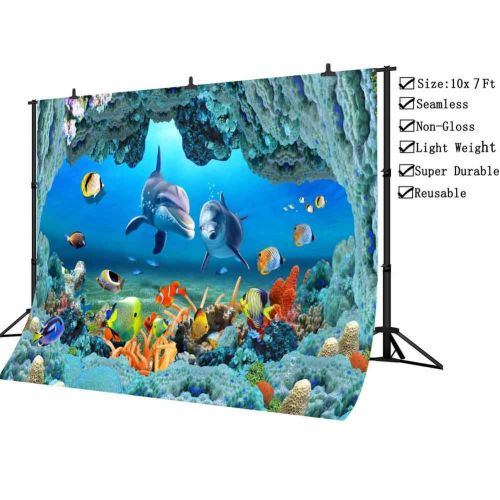  PHMOJEN Underwater World Backdrop Coral Dolphins Fishes Background for Photography Kids Theme Birthday Party Decoration Banner Studio Props 10x7ft GYPH307