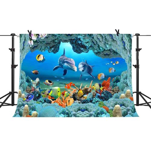  PHMOJEN Underwater World Backdrop Coral Dolphins Fishes Background for Photography Kids Theme Birthday Party Decoration Banner Studio Props 10x7ft GYPH307