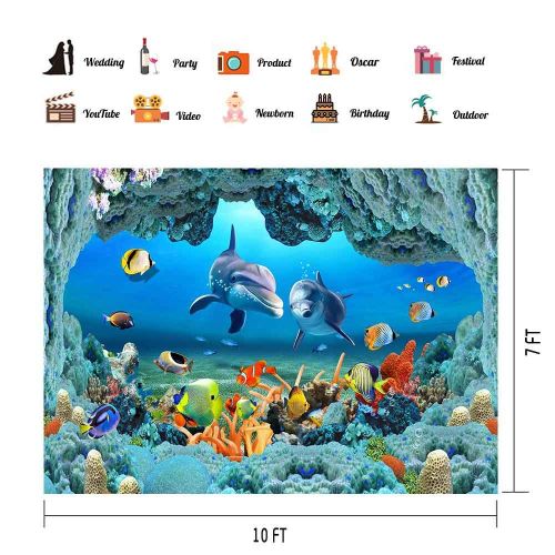  PHMOJEN Underwater World Backdrop Coral Dolphins Fishes Background for Photography Kids Theme Birthday Party Decoration Banner Studio Props 10x7ft GYPH307