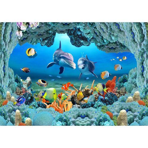  PHMOJEN Underwater World Backdrop Coral Dolphins Fishes Background for Photography Kids Theme Birthday Party Decoration Banner Studio Props 10x7ft GYPH307