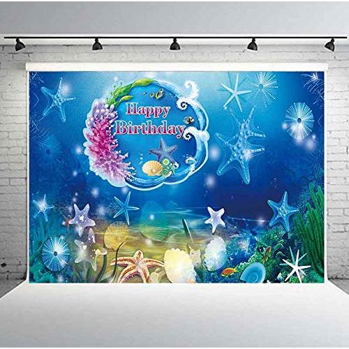  PHMOJEN Underwater World Happy Birthday Blue Backdrop for Photography Baby Shower Kids Theme Birthday Party Decorations Background Corals Starfish Vinyl 10x7ft Banner Poster Photo Booth Pr