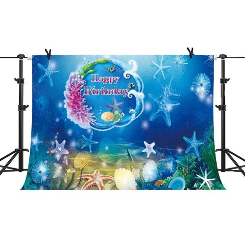  PHMOJEN Underwater World Happy Birthday Blue Backdrop for Photography Baby Shower Kids Theme Birthday Party Decorations Background Corals Starfish Vinyl 10x7ft Banner Poster Photo Booth Pr