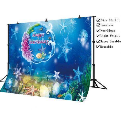  PHMOJEN Underwater World Happy Birthday Blue Backdrop for Photography Baby Shower Kids Theme Birthday Party Decorations Background Corals Starfish Vinyl 10x7ft Banner Poster Photo Booth Pr