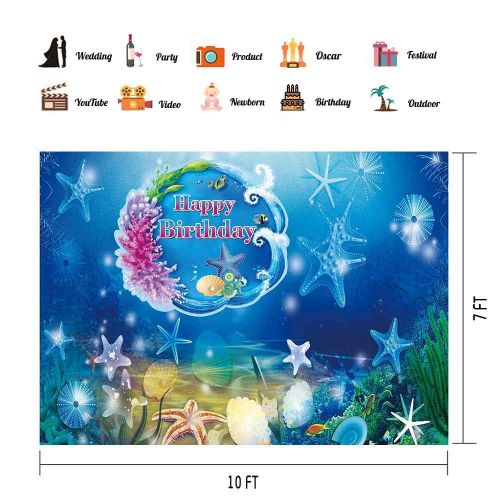  PHMOJEN Underwater World Happy Birthday Blue Backdrop for Photography Baby Shower Kids Theme Birthday Party Decorations Background Corals Starfish Vinyl 10x7ft Banner Poster Photo Booth Pr